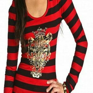 NEW Dereon Y2K striped long sleeve tee shirt RED BLACK 2X 18 20 PLUS SIZE